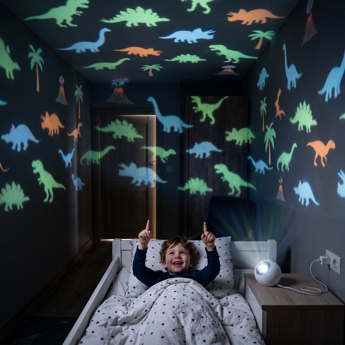 Toddler pointing at dinosaurs projected on the bedroom ceiling by the Sleepsaurus night light