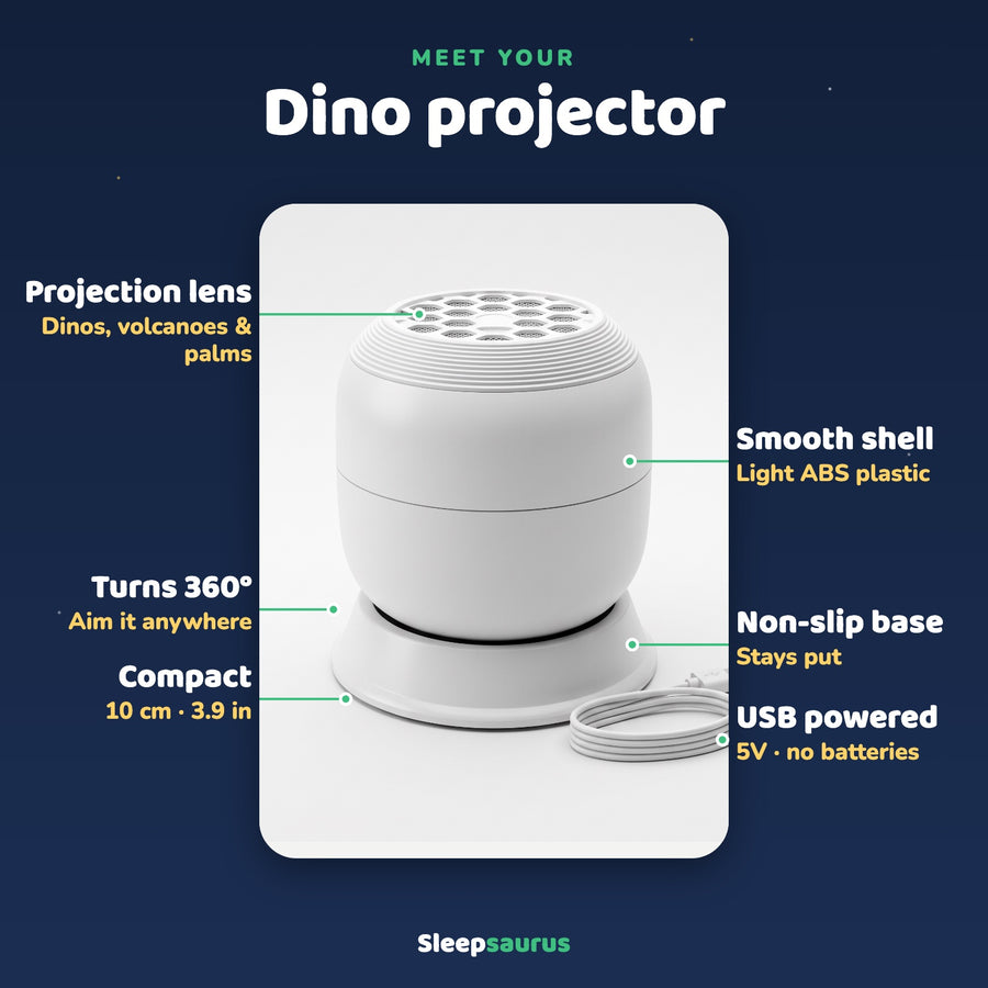 Meet your dino projector: lens, 360° rotation, non-slip base, USB power