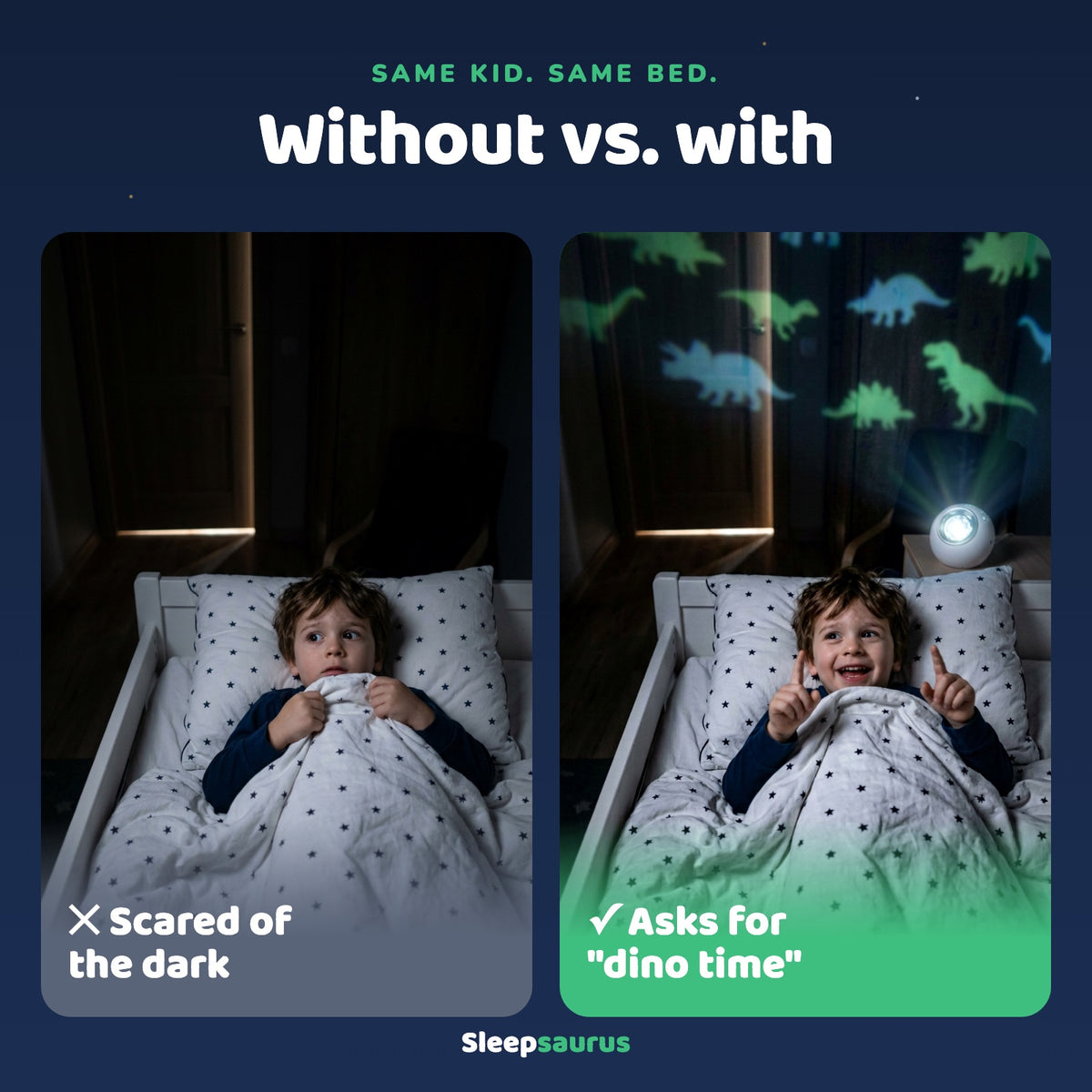 Same kid, same bed: without vs. with Sleepsaurus
