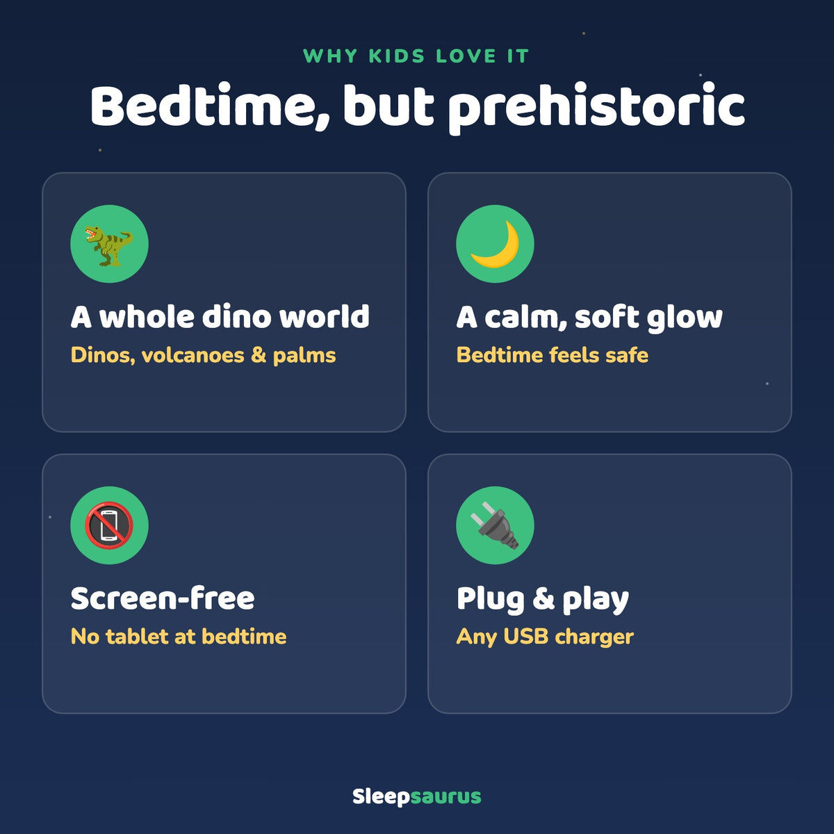 Why kids love it: dino world, soft glow, screen-free, plug and play