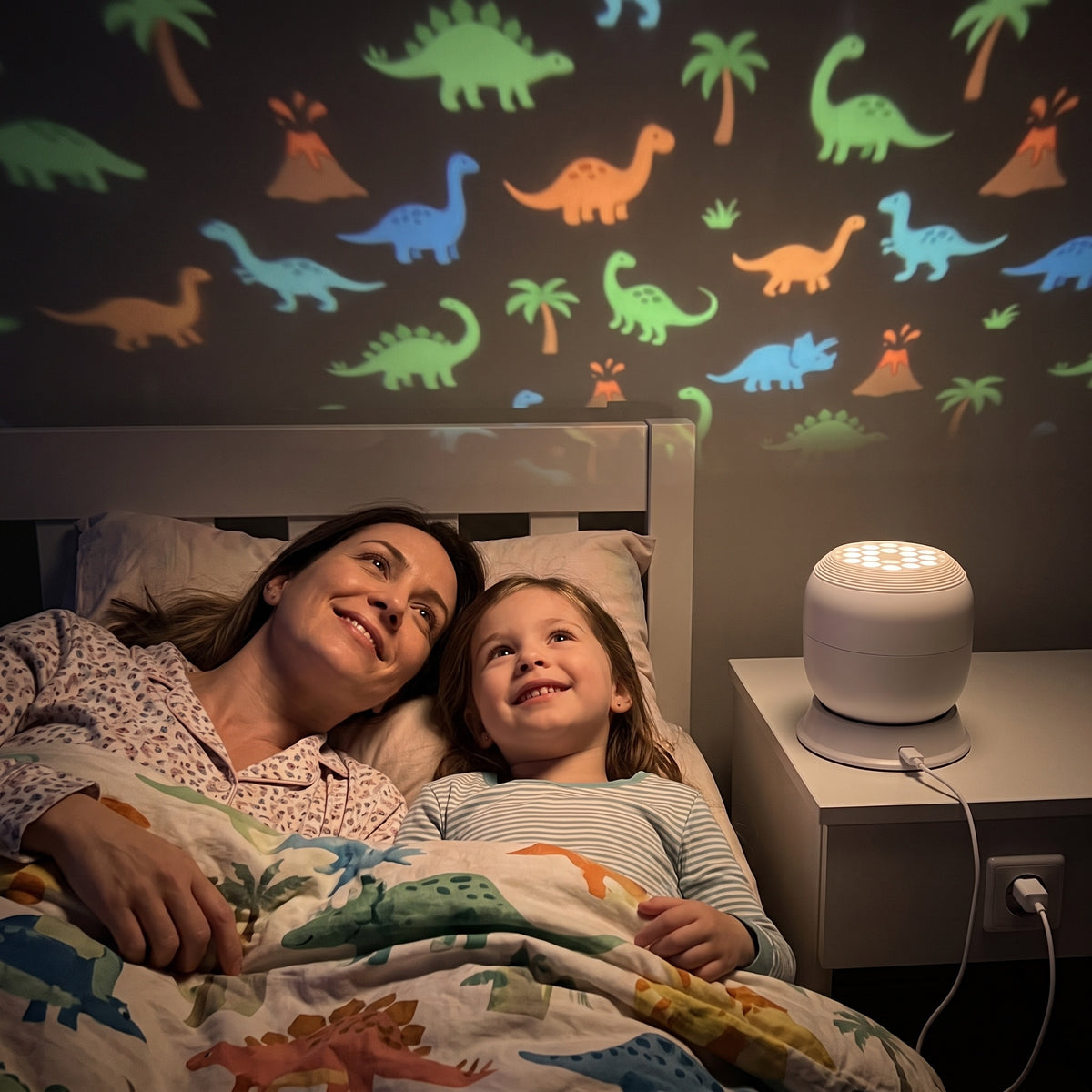 Mom and daughter looking at dinosaurs on the ceiling at bedtime