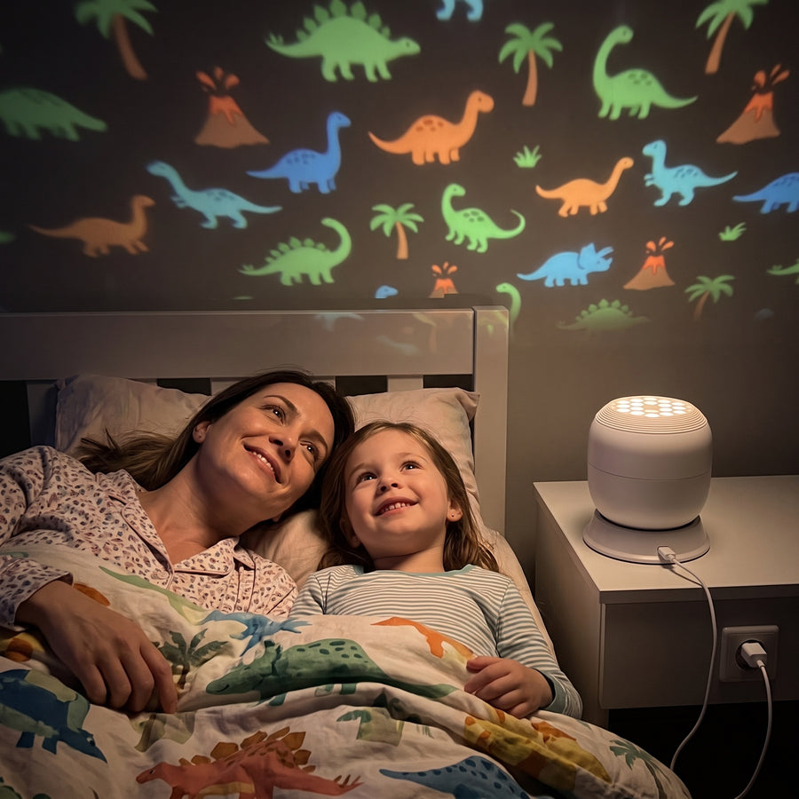 Mom and daughter looking at dinosaurs on the ceiling at bedtime