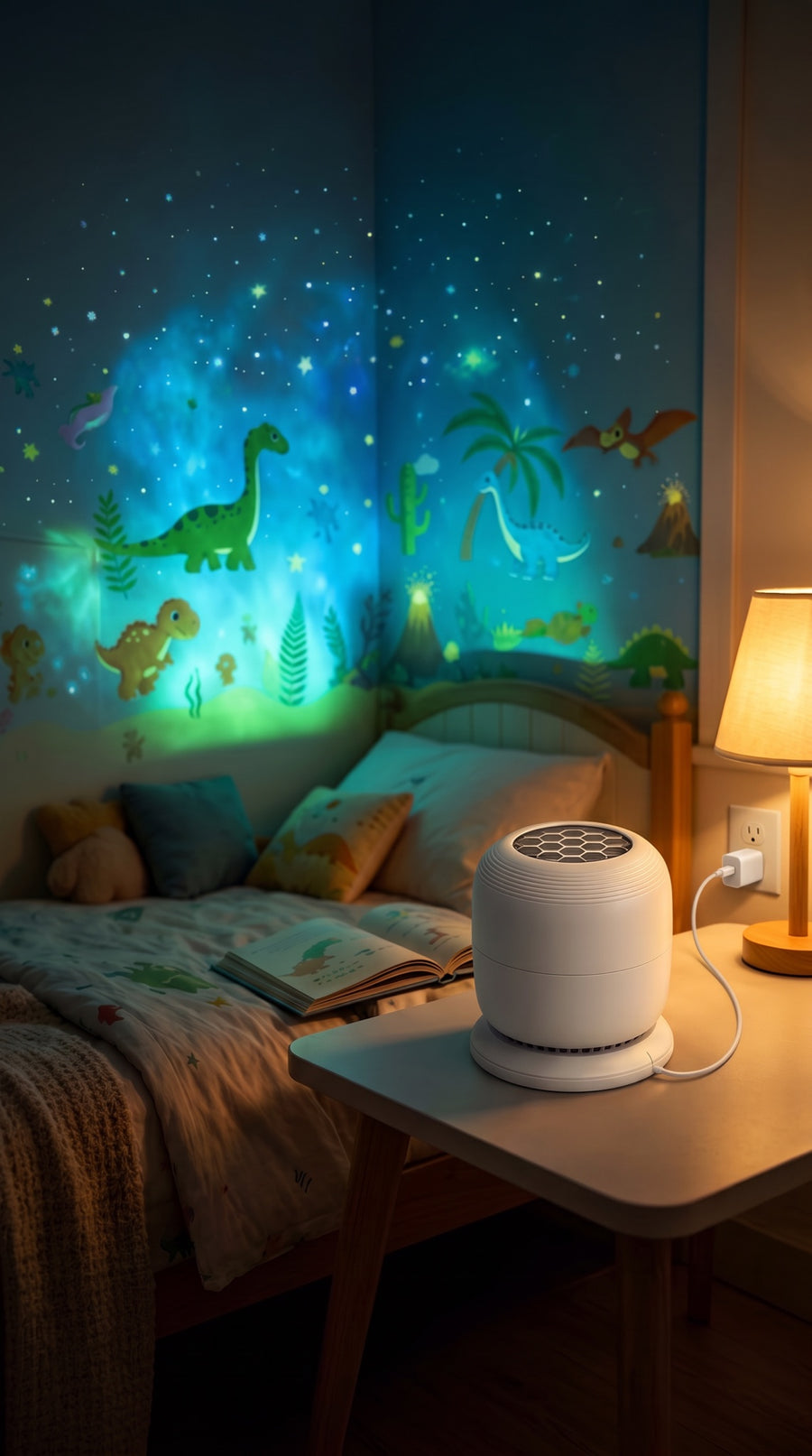 Sleepsaurus projector on a nightstand projecting dinosaurs on the wall